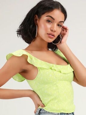 Free People Stay With You Lime Green Floral Print Satin Ruffled Top